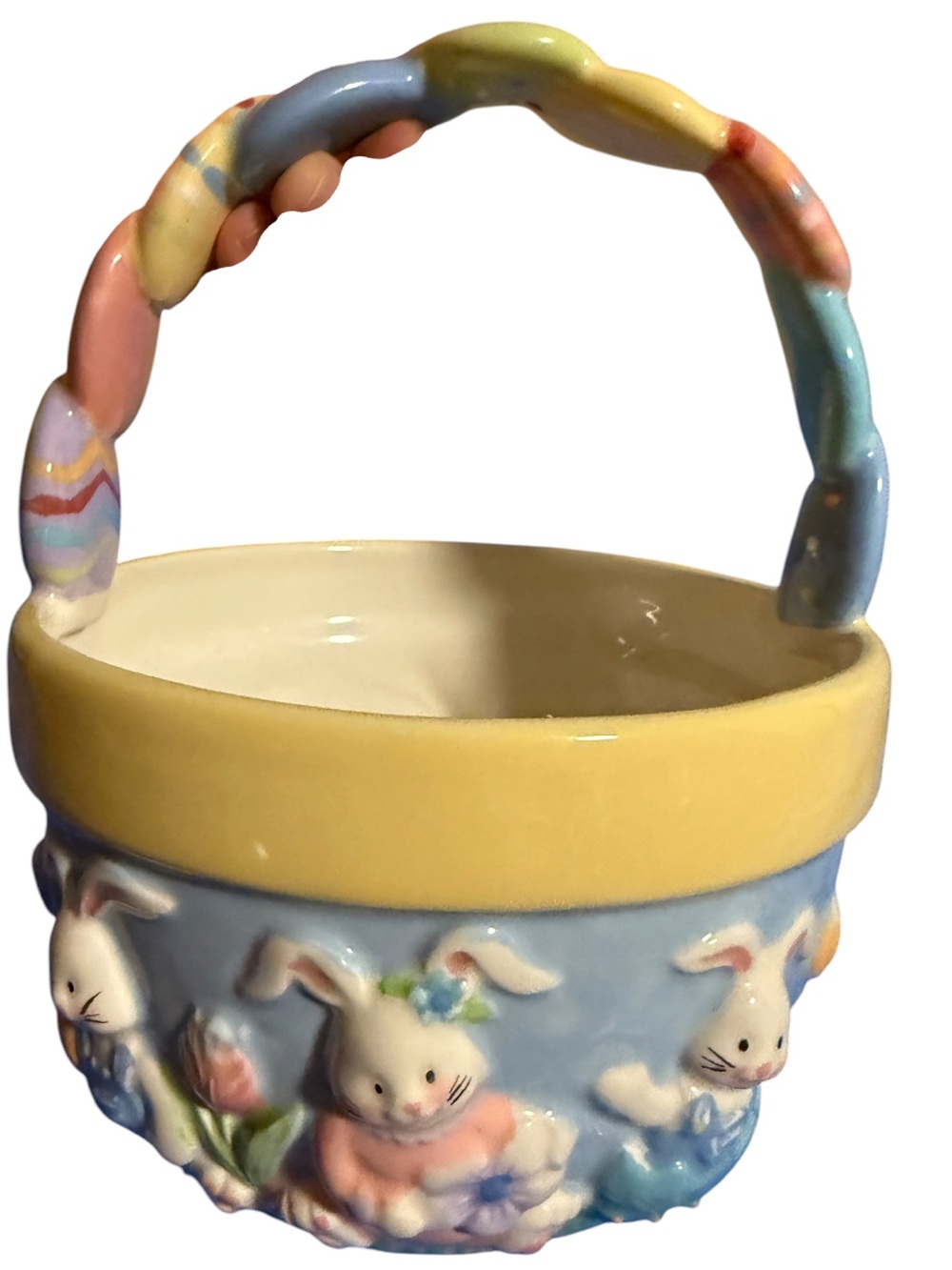Blossoms & Blooms Ceramic Easter Basket Bowl w/Handle Bunnies & Eggs
